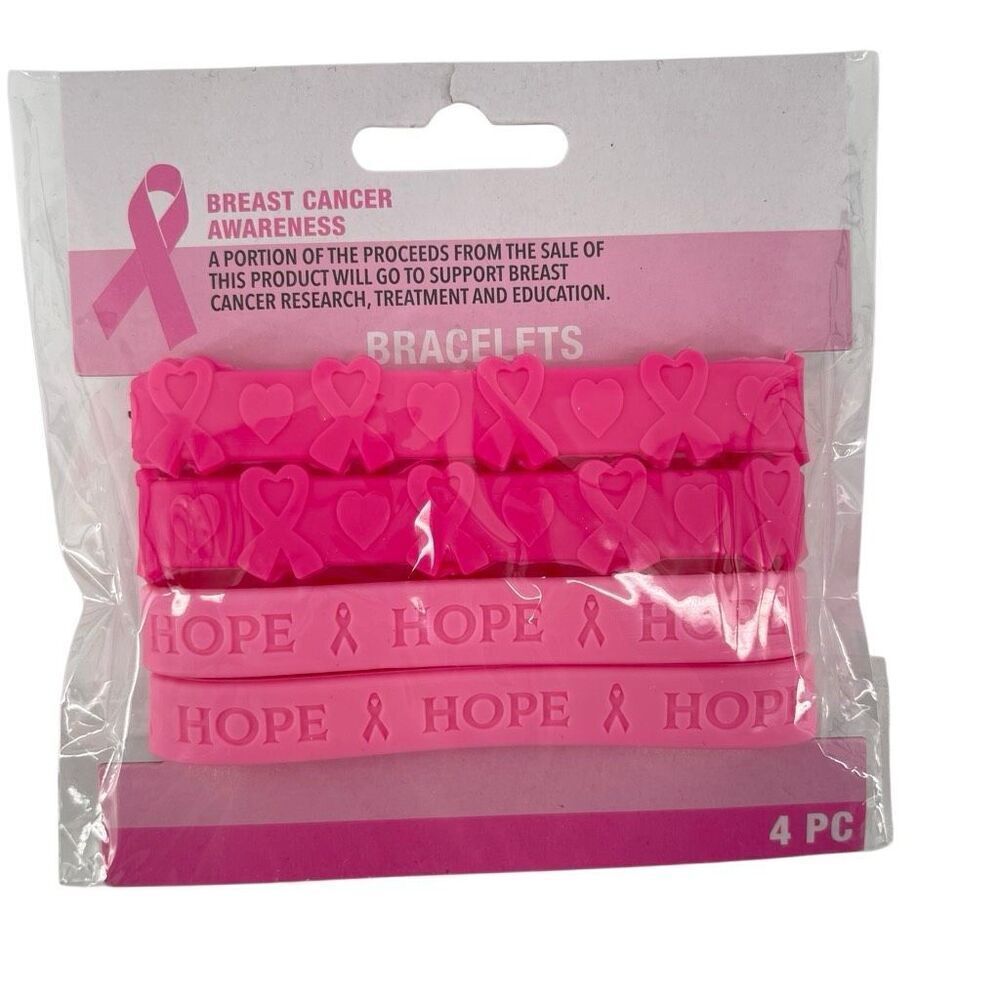 Breast Cancer Awareness Pink Silicone Bracelets 4 Pack HOPE Ribbon New